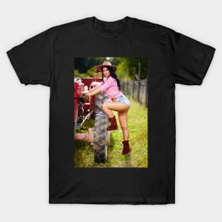 Sexy farmer girl in hat near the tractor T-Shirt